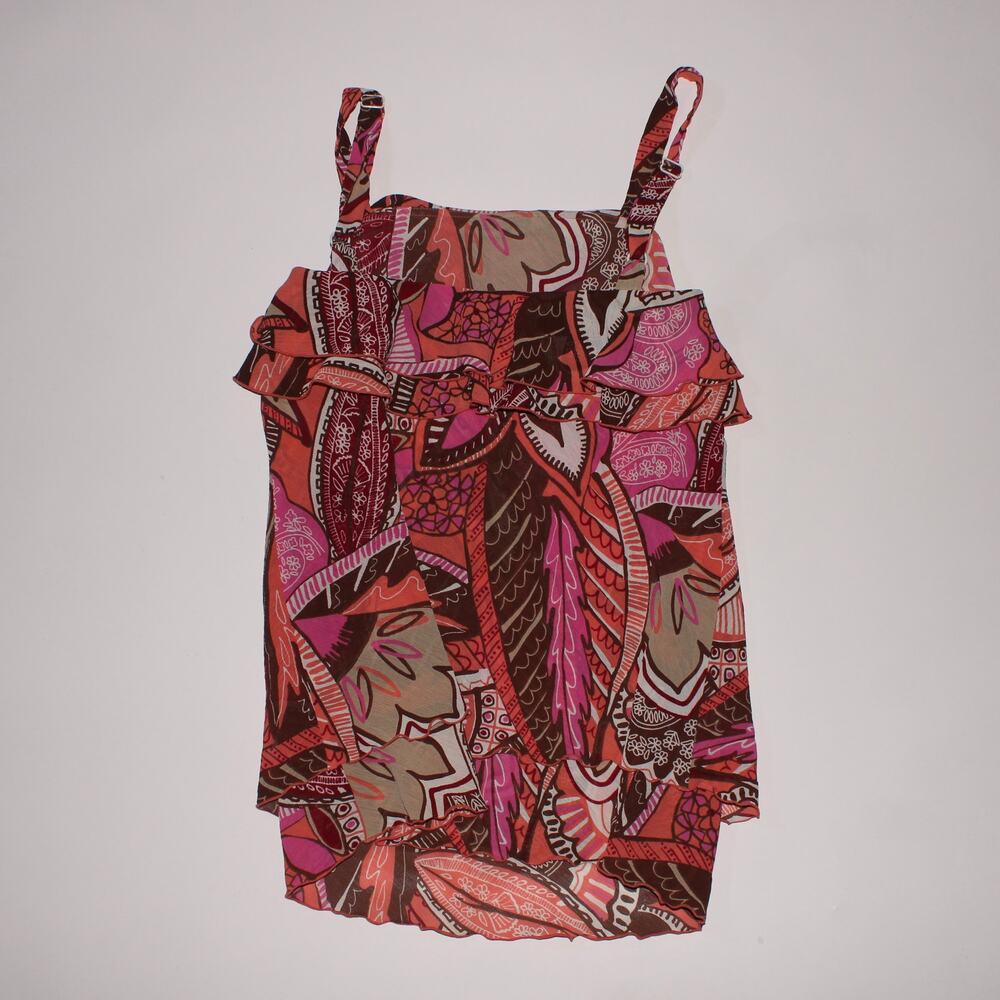 Y2K W Orange And Brown Tank With A Floral Abstract Pattern And Ruffles Size 4